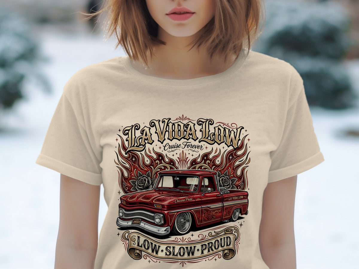 La Vida Low graphic tee with red lowrider truck, flames, and roses.