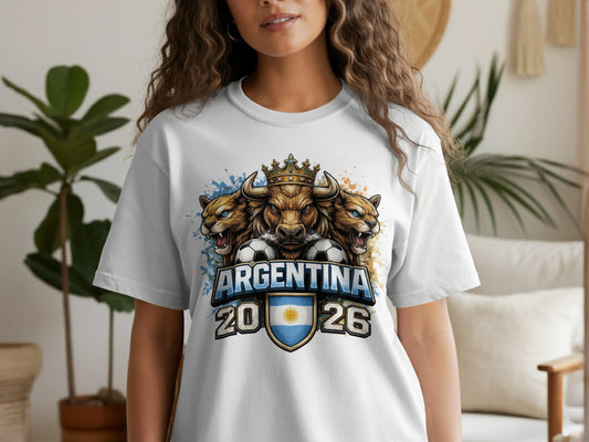 Argentina 2026 Football T-Shirt, Crowned Bull Lions Soccer Fan Gear