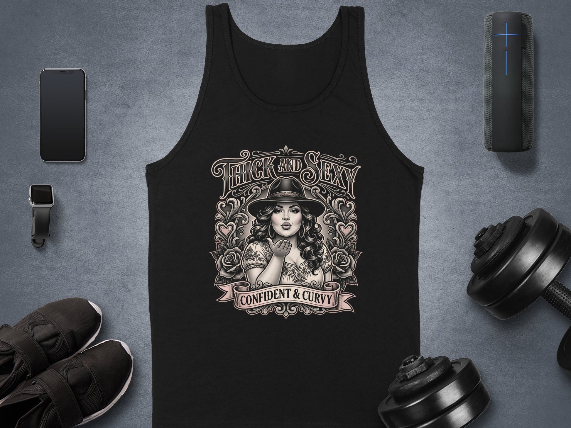 Black tank top with "Thick and Sexy Confident & Curvy" text and a woman blowing a kiss.