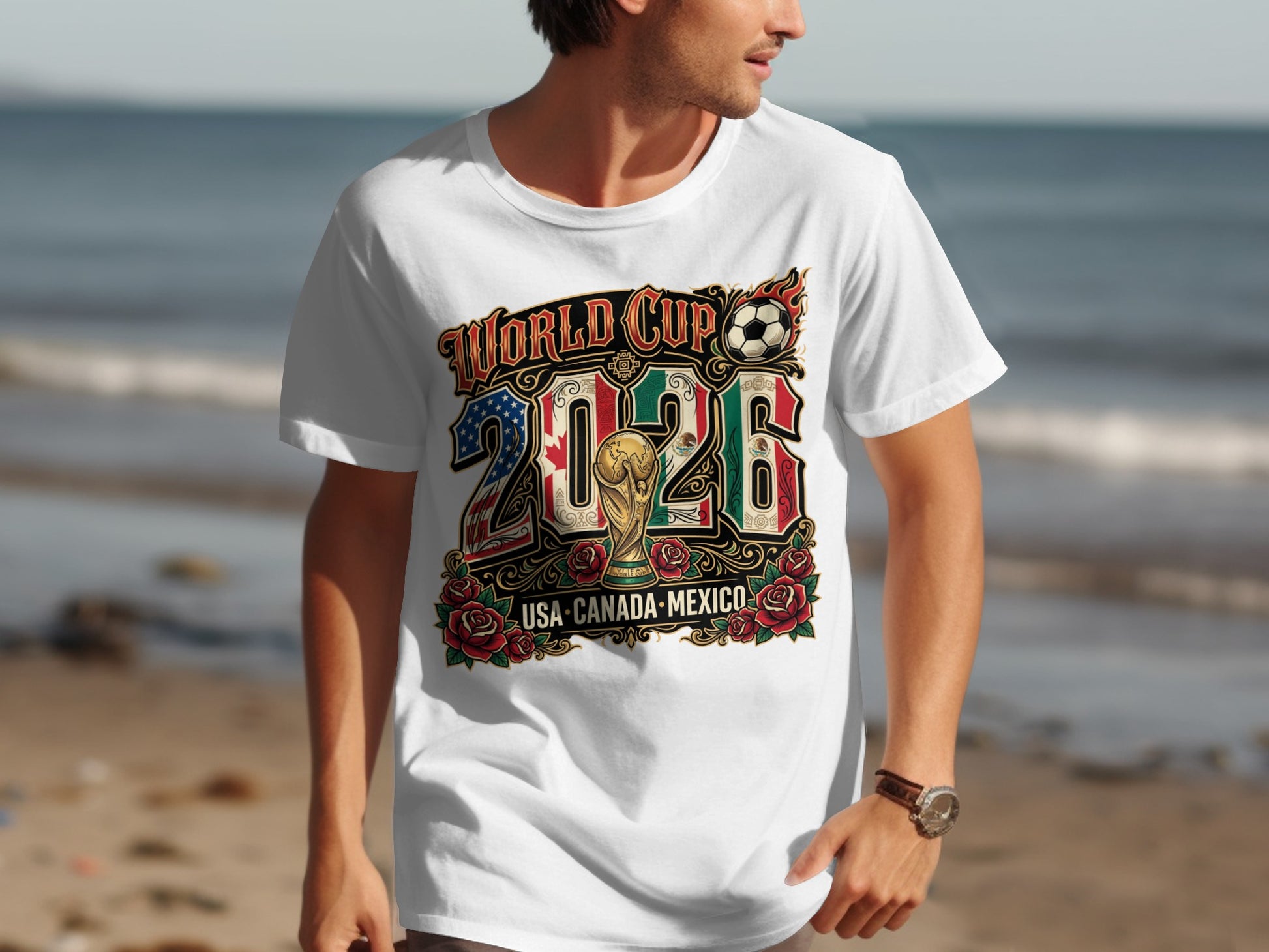 2026 World Cup USA Canada Mexico design with flag and roses on white t-shirt.