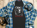 Black t-shirt with a skull and rose design and the word 