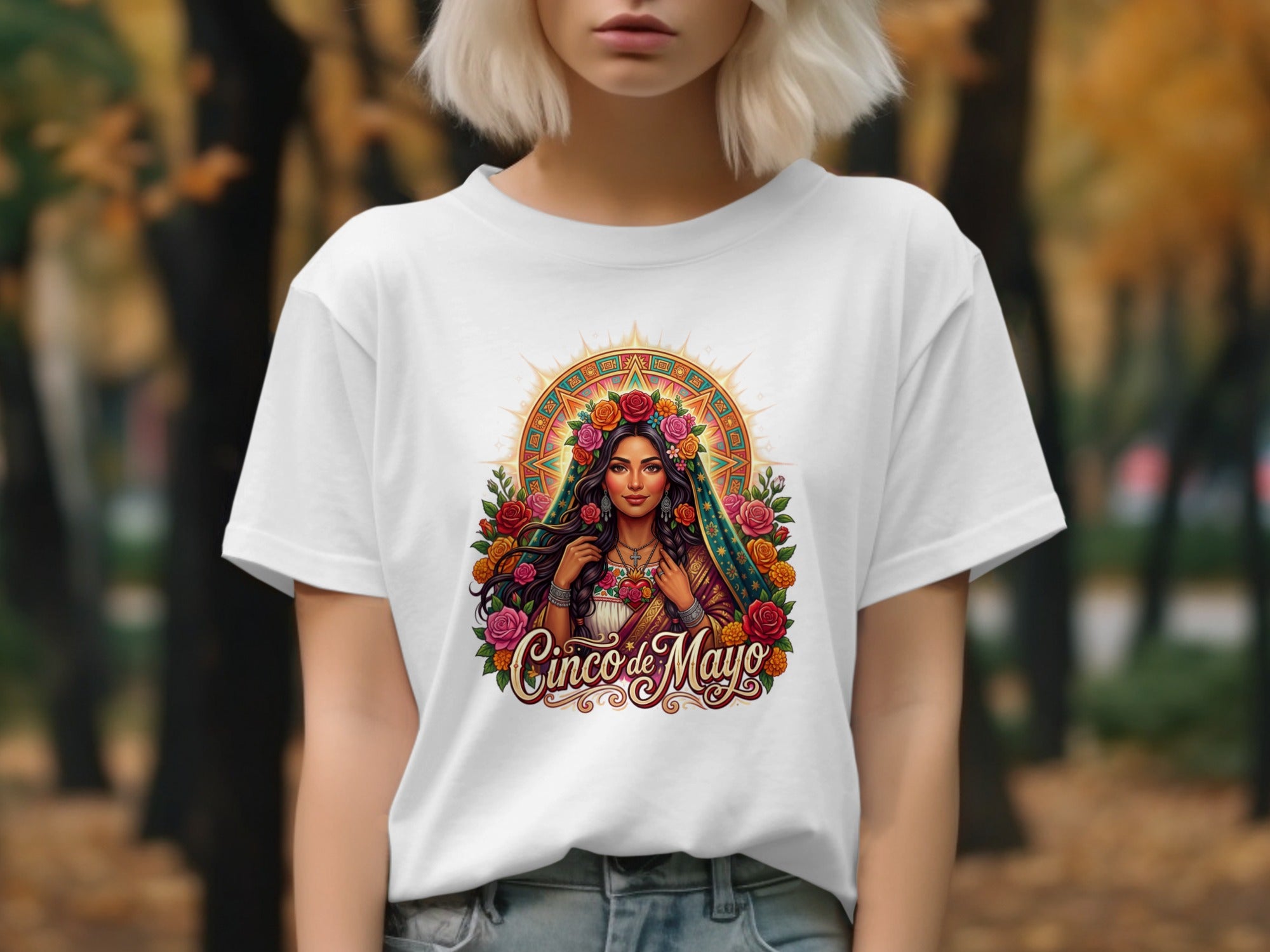 Cinco de Mayo graphic on a white t-shirt with a woman wearing a floral headdress.