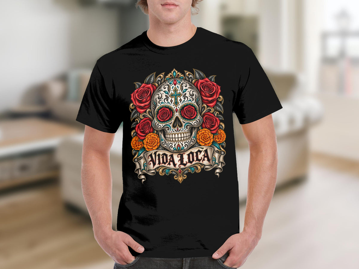 Black t-shirt with a Day of the Dead sugar skull design featuring roses and "Vida Loca" text.
