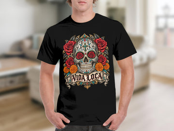 Black t-shirt with a Day of the Dead sugar skull design featuring roses and "Vida Loca" text.