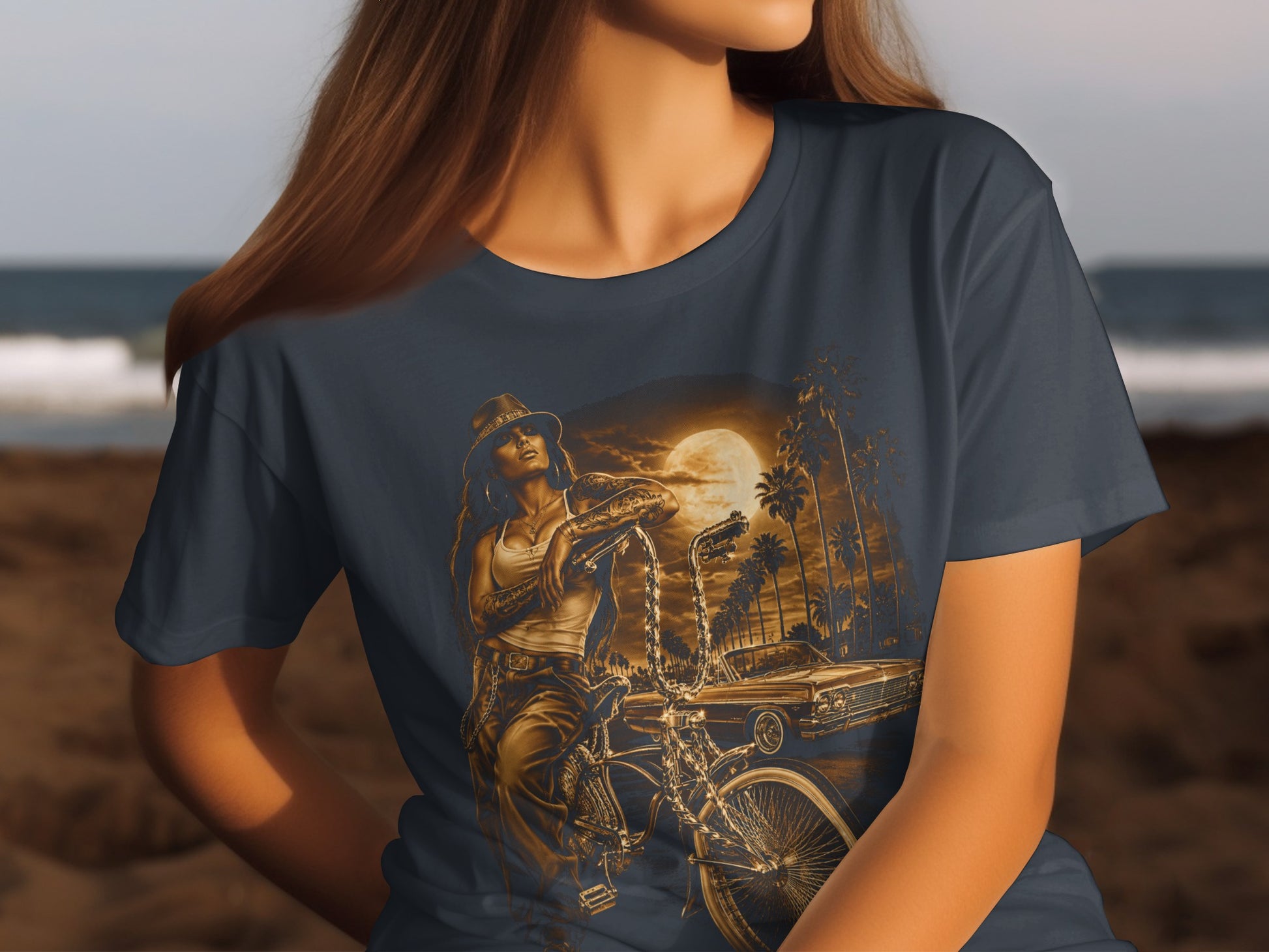 Tattooed woman in fedora and lowrider bike under a full moon.