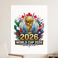 2026 World Cup logo with trophies, flags, and stars.