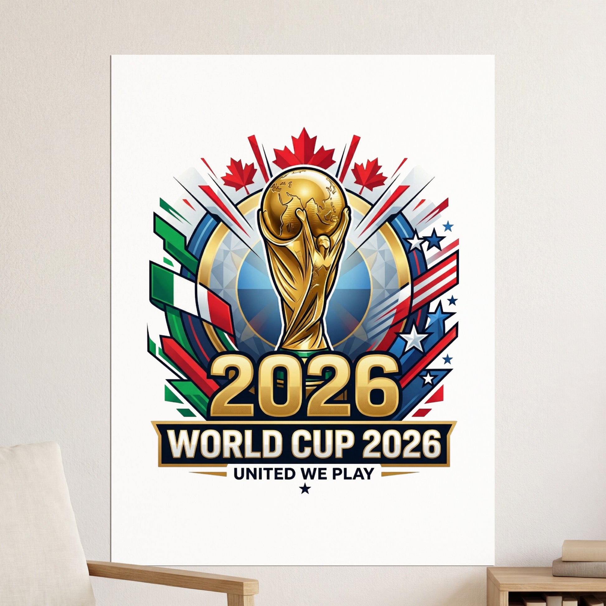2026 World Cup logo with trophies, flags, and stars.