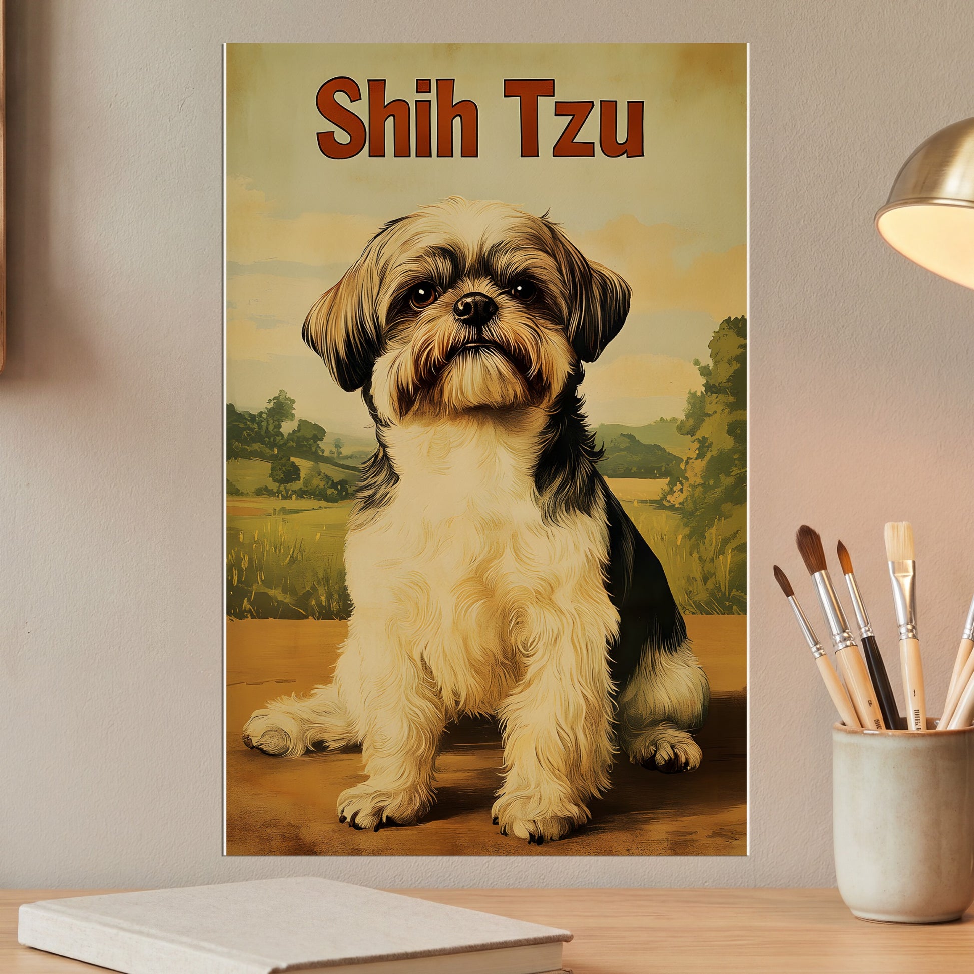 Shih Tzu dog sitting outdoors in a field, vintage poster style.