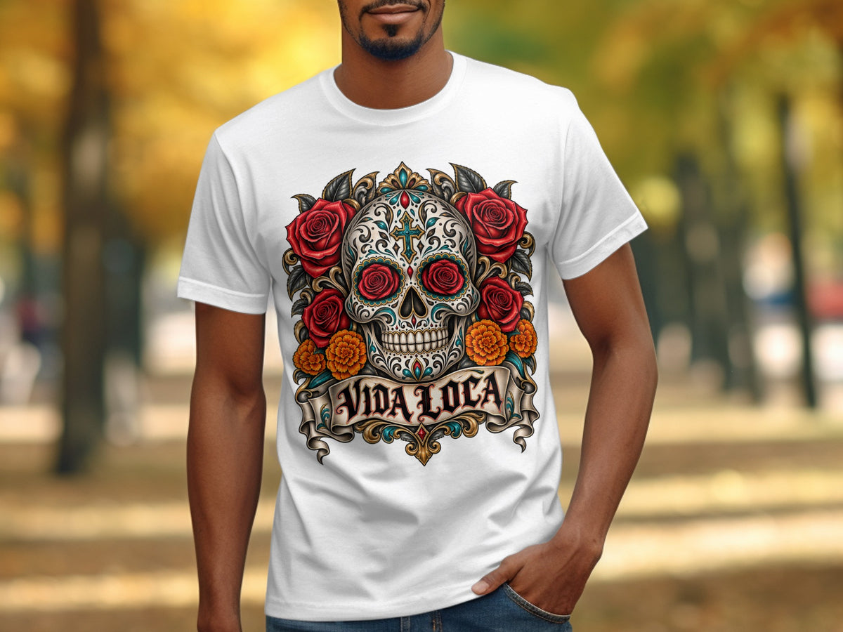 White t-shirt with detailed Day of the Dead skull, roses, and "Vida Loca" text.