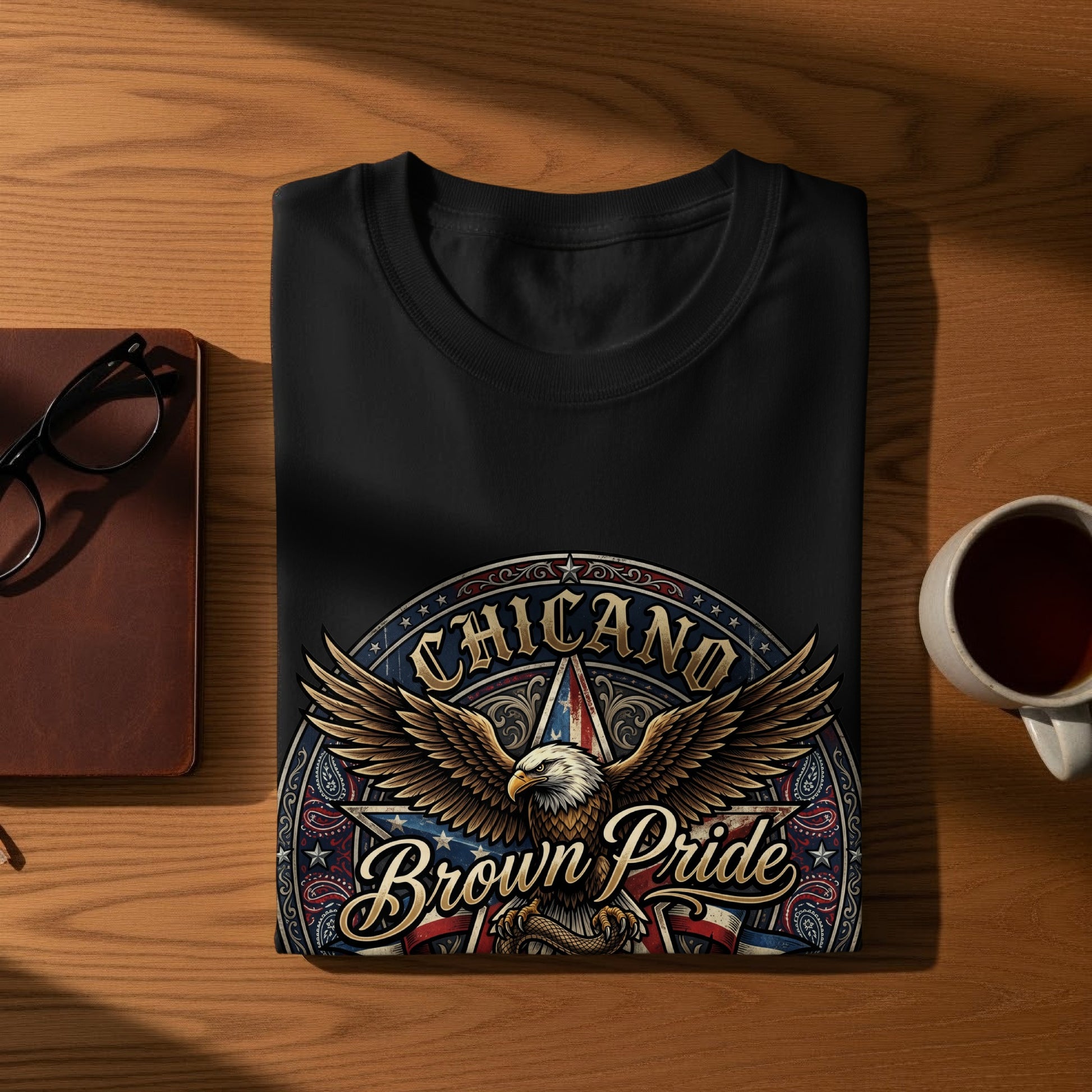 Black t-shirt with "Chicano Brown Pride" text and an eagle emblem.