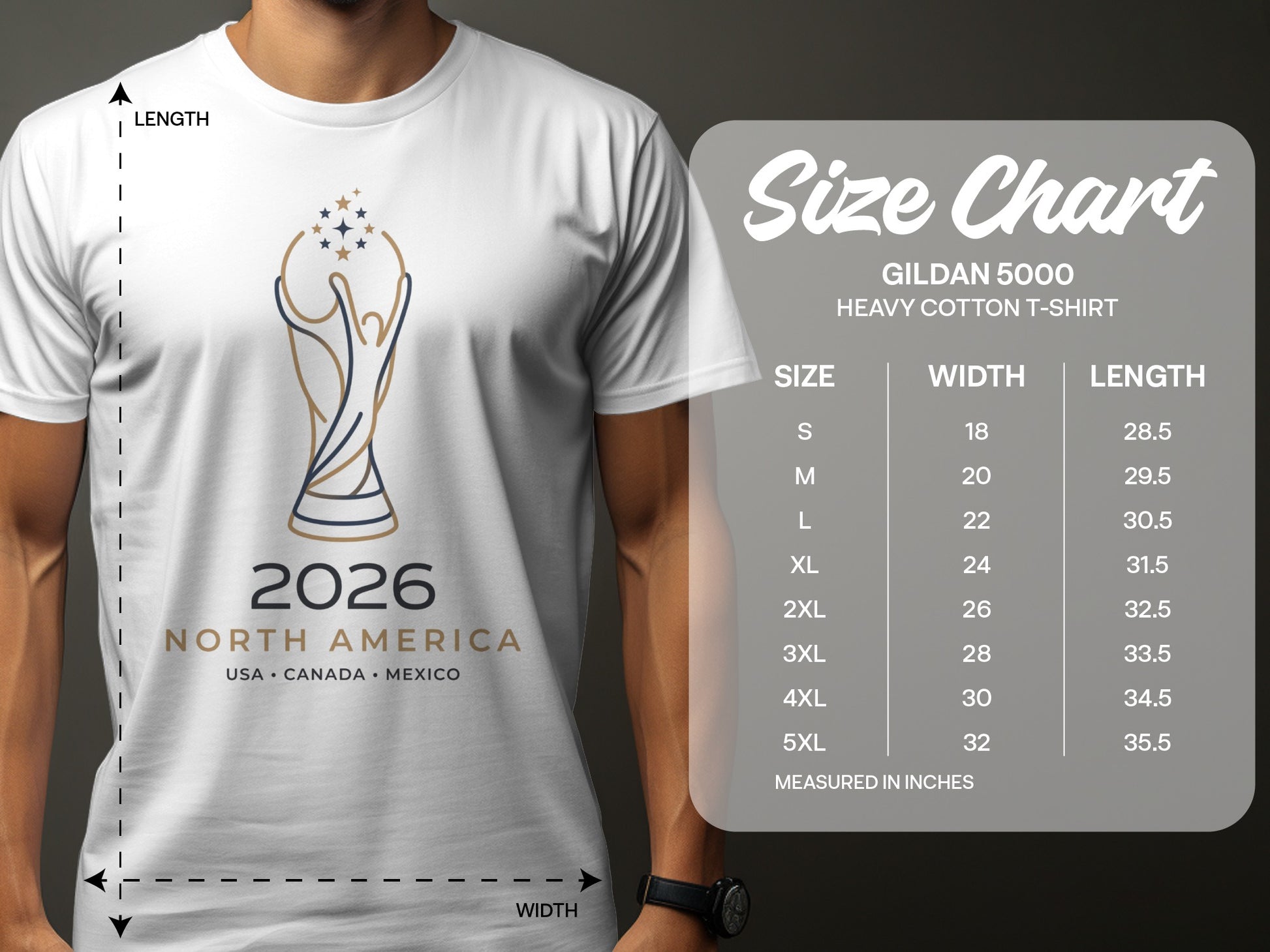 Gildan 5000 t-shirt size chart with dimensions for 2026 North America.