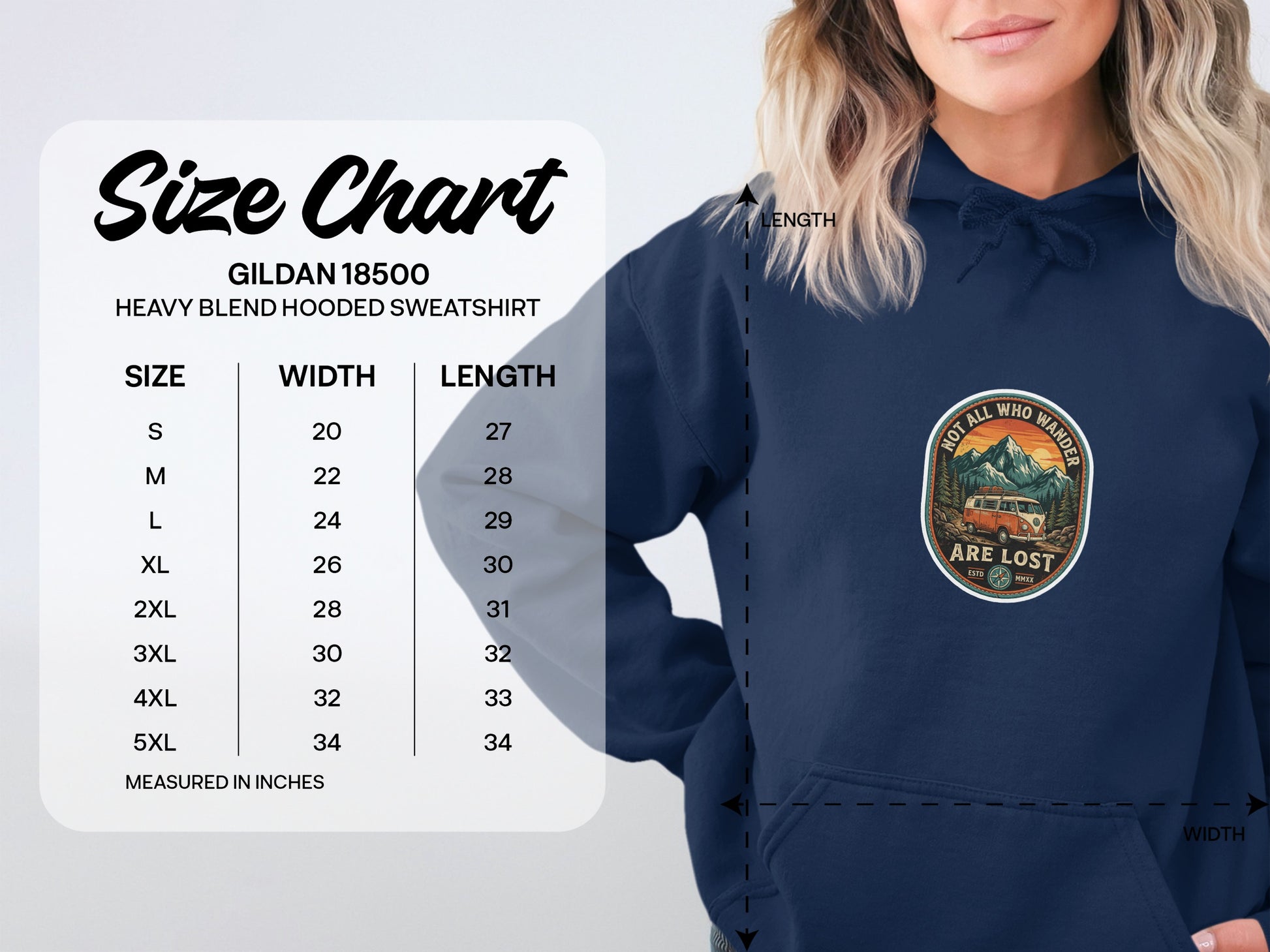 Size chart for Gildan 18500 hooded sweatshirt with garment dimensions.