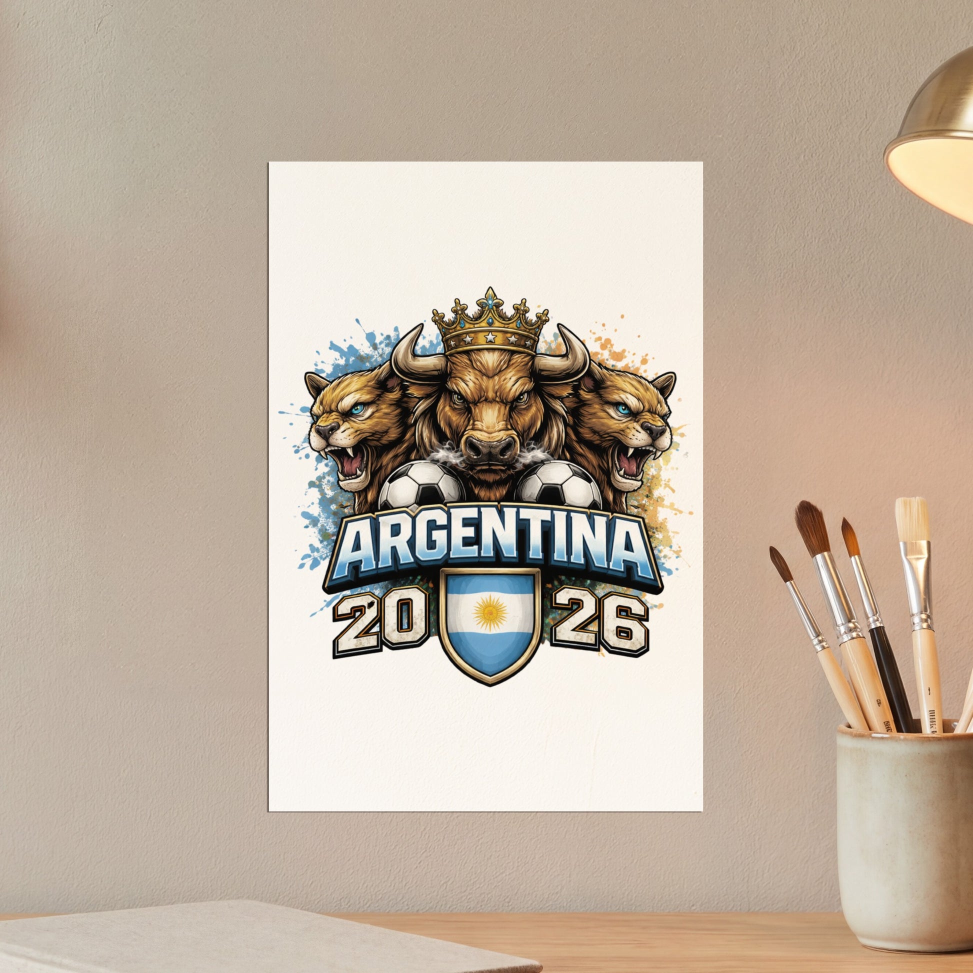 Argentina 2026 logo with bull and lions, featuring a crown and the Argentinian flag.