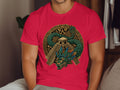 Red t-shirt with a circular Aztec-style serpent and pyramid graphic.