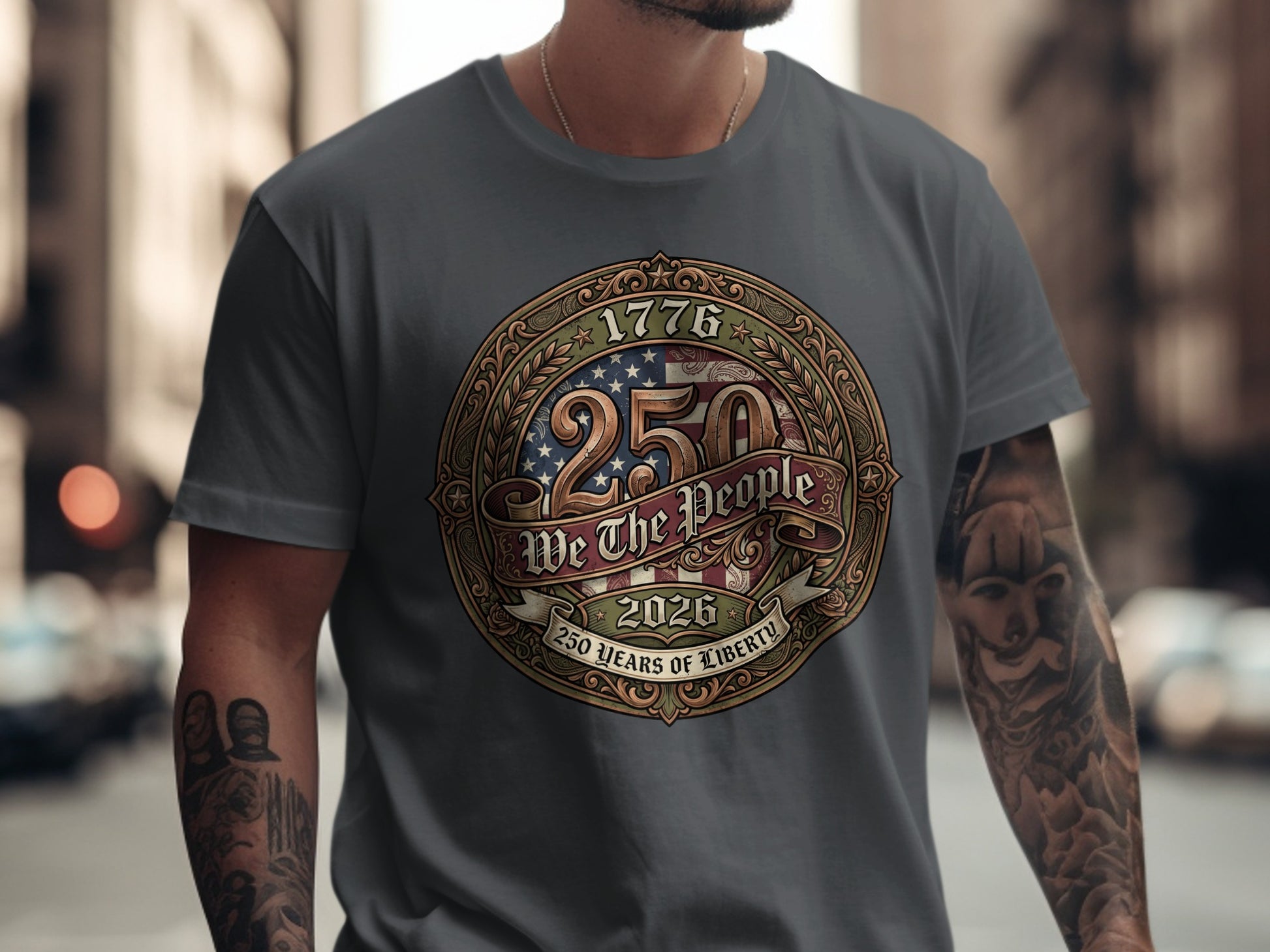 Dark grey t-shirt with "We The People 250 Years of Liberty 1776 2026" graphic.