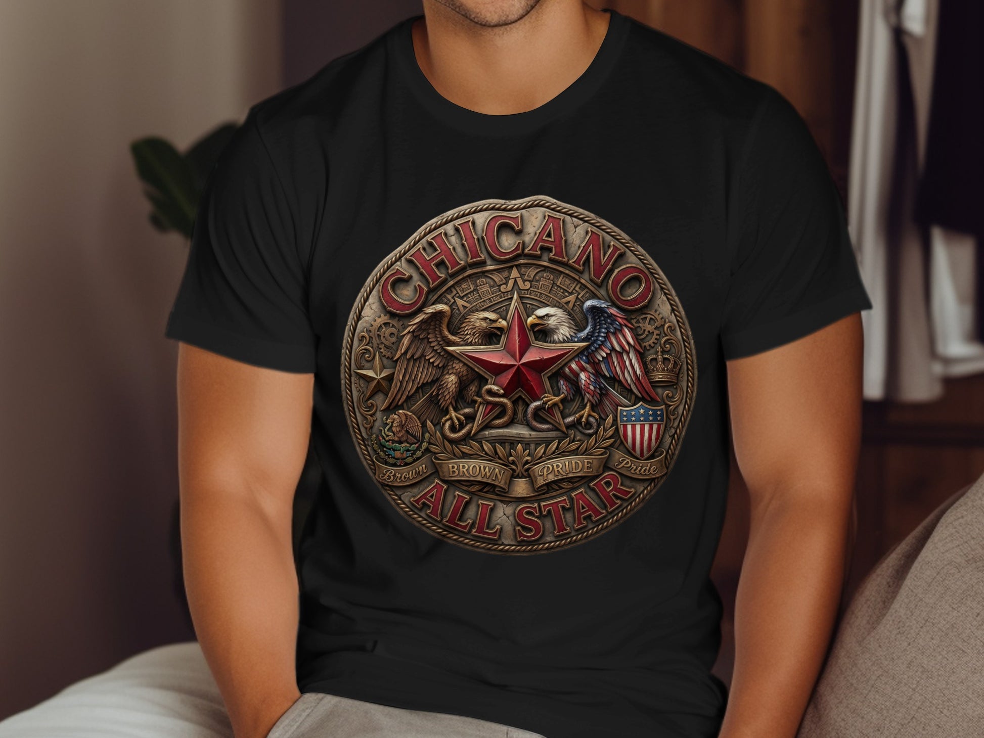 Chicano Brown Pride All Star eagle emblem on a black t-shirt.