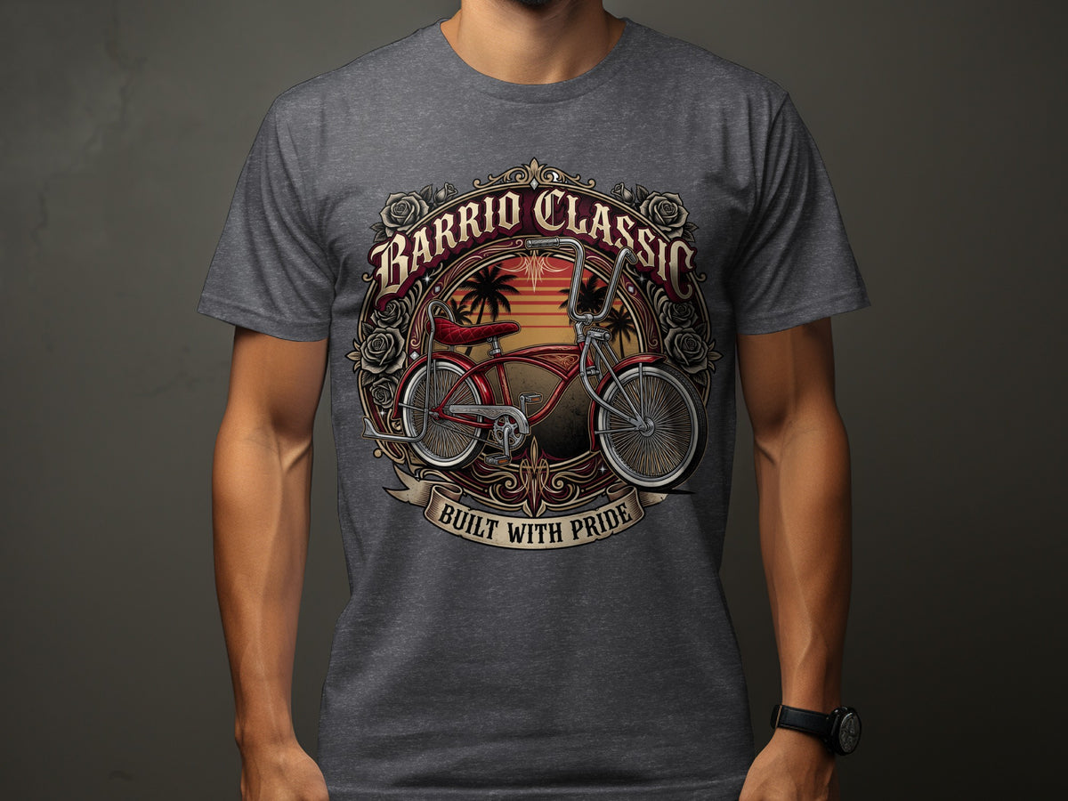 Barrio Classic t-shirt graphic with red lowrider bicycle, palm trees, and roses.