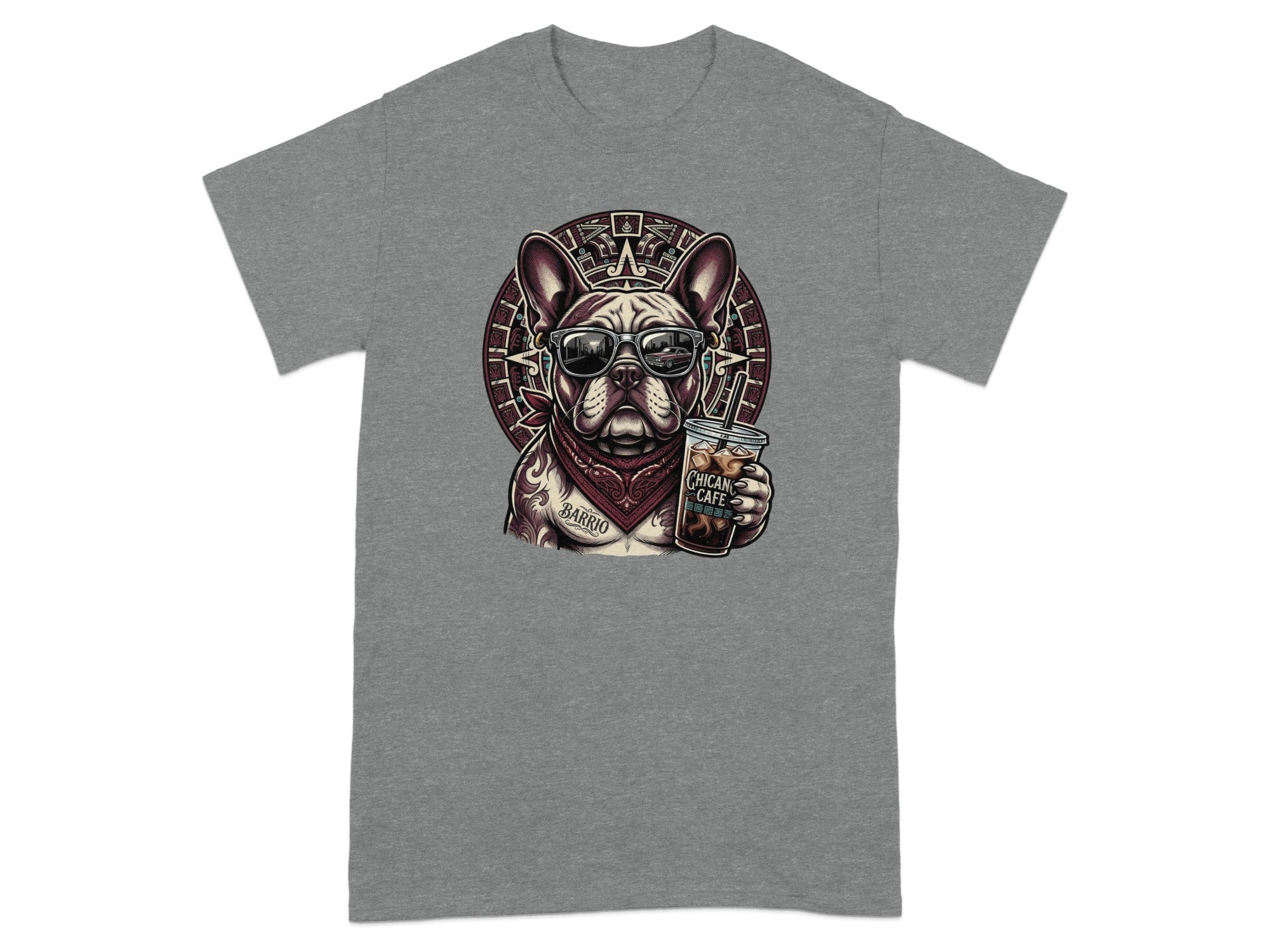 French bulldog wearing sunglasses and bandana, holding iced coffee, with barrio tattoo.