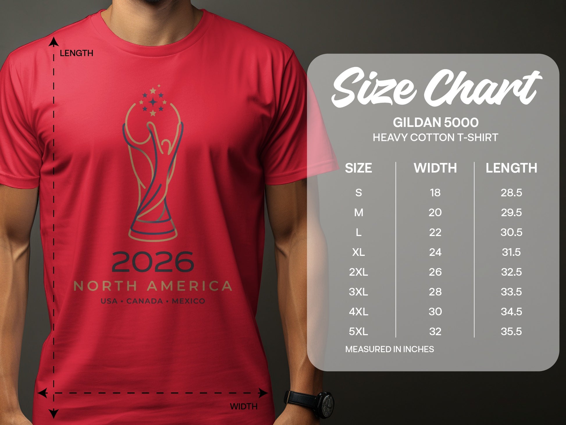T-shirt size chart with measurements for Gildan 5000 shirts.