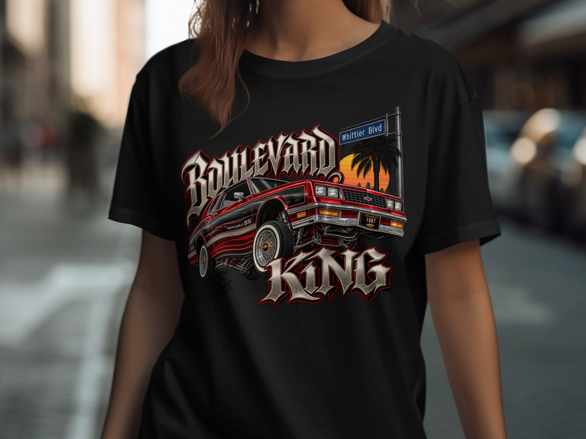 Black t-shirt with "Boulevard King" graphic featuring a red Monte Carlo SS.
