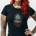 Black t-shirt with a Sacred Heart of Jesus design.