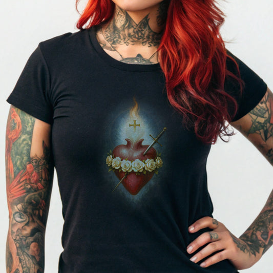 Black t-shirt with a Sacred Heart of Jesus design.