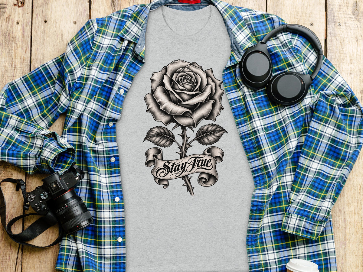 Grey t-shirt with rose and "Stay True" graphic, laid flat with plaid shirt, headphones, and camera.