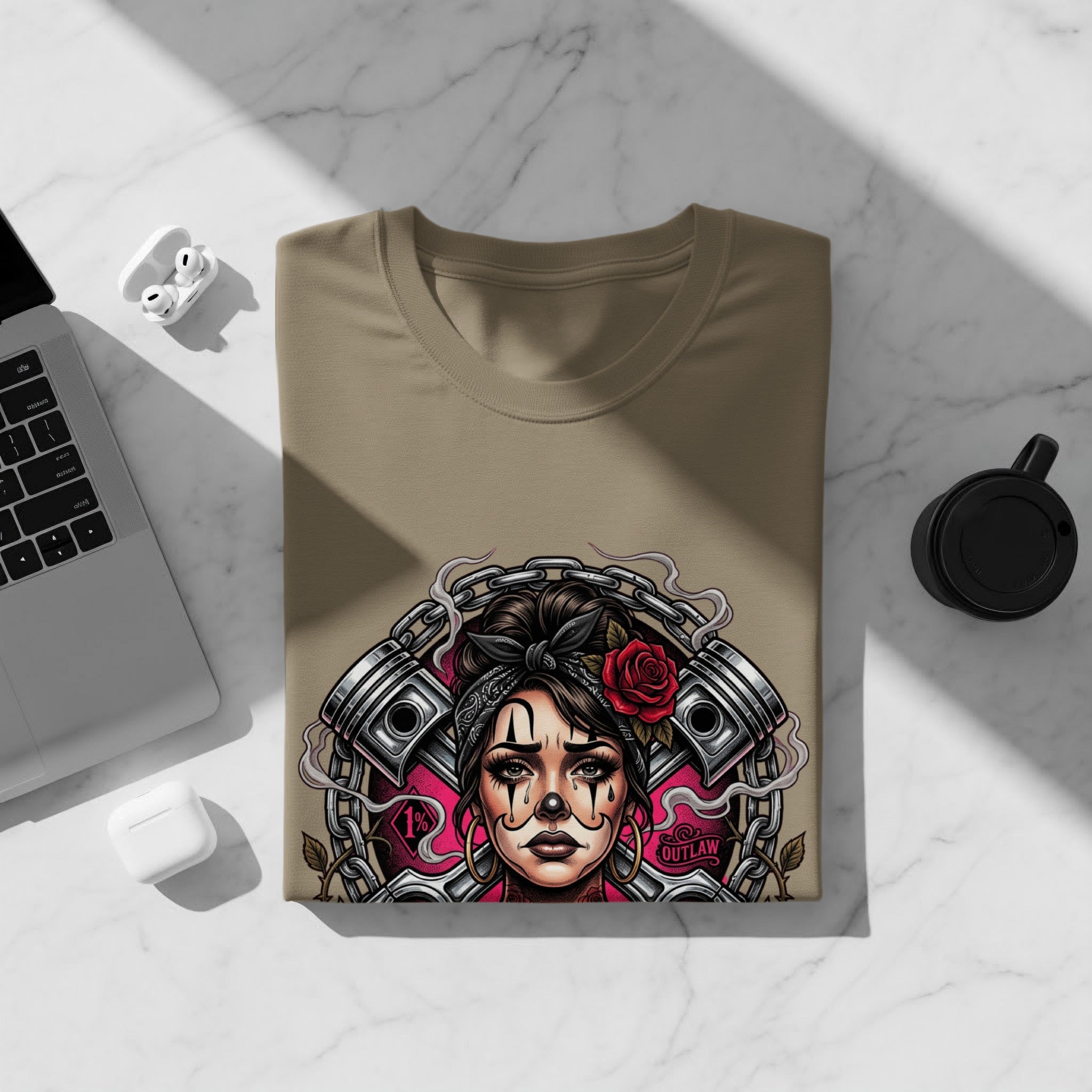 T-shirt featuring a stylized woman with rosary chains and pistons, "Outlaw" text.