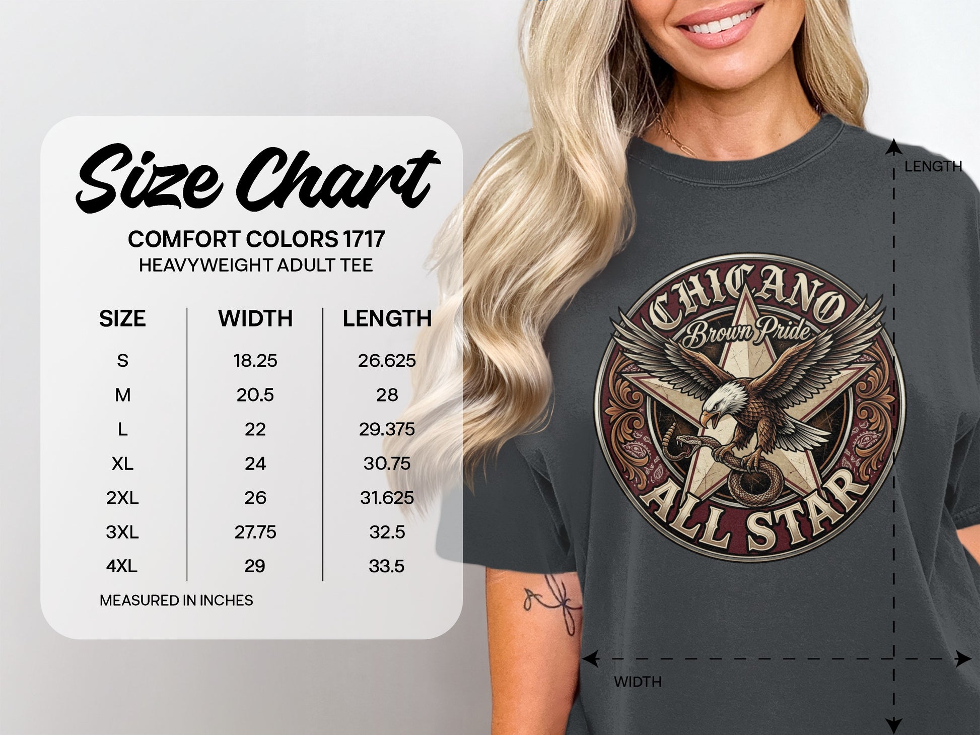 Comfort Colors 1717 Heavyweight Adult Tee size chart with measurements.