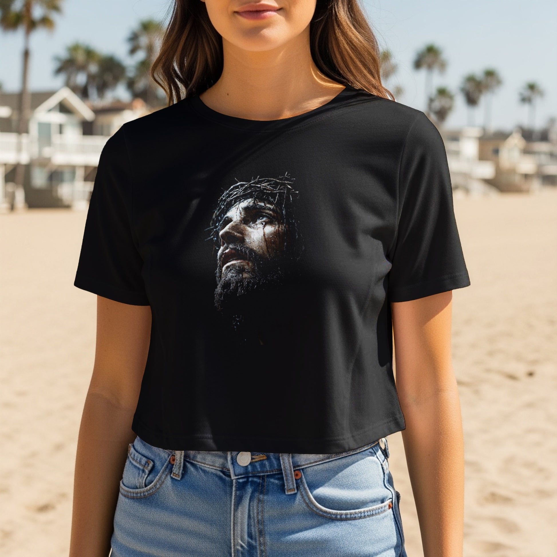 Black t-shirt featuring Jesus Christ wearing a crown of thorns.