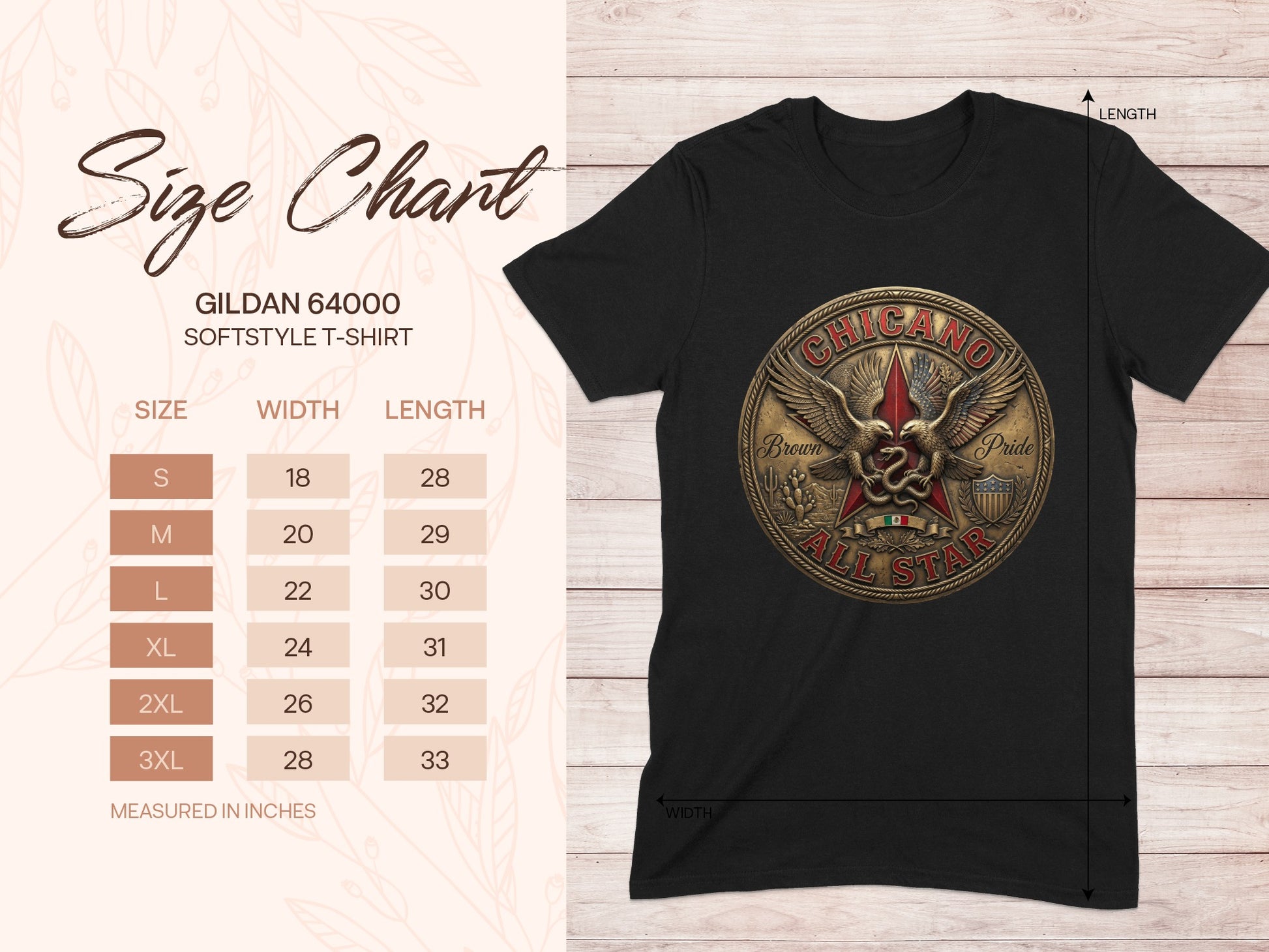 Gildan 64000 softstyle t-shirt size chart with measurements.