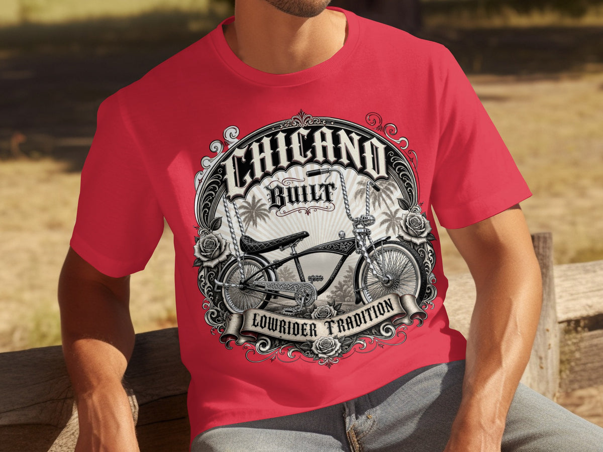 Red t-shirt with a "Chicano Built Lowrider Tradition" graphic featuring a bicycle.