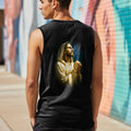 Black tank top featuring a graphic of Jesus wearing a robe and holding rosary beads.