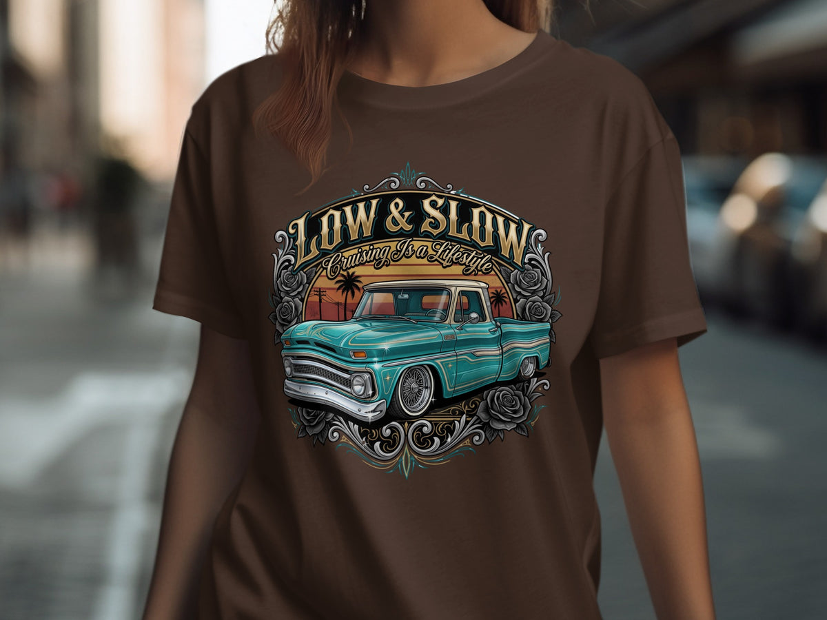 Teal lowrider truck graphic with "Low & Slow Cruising Is a Lifestyle" text.