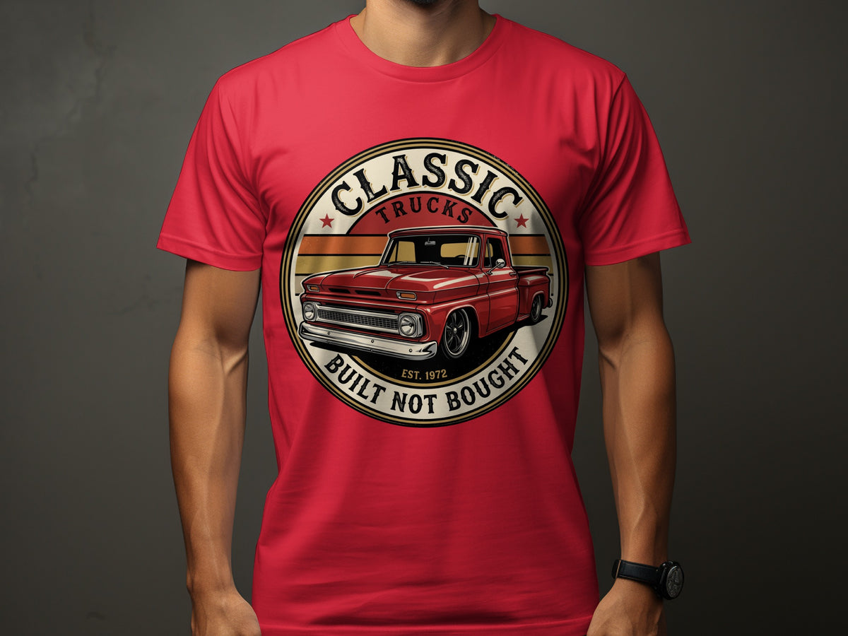 Red t-shirt with "Classic Trucks Built Not Bought Est. 1972" and red pickup truck graphic.
