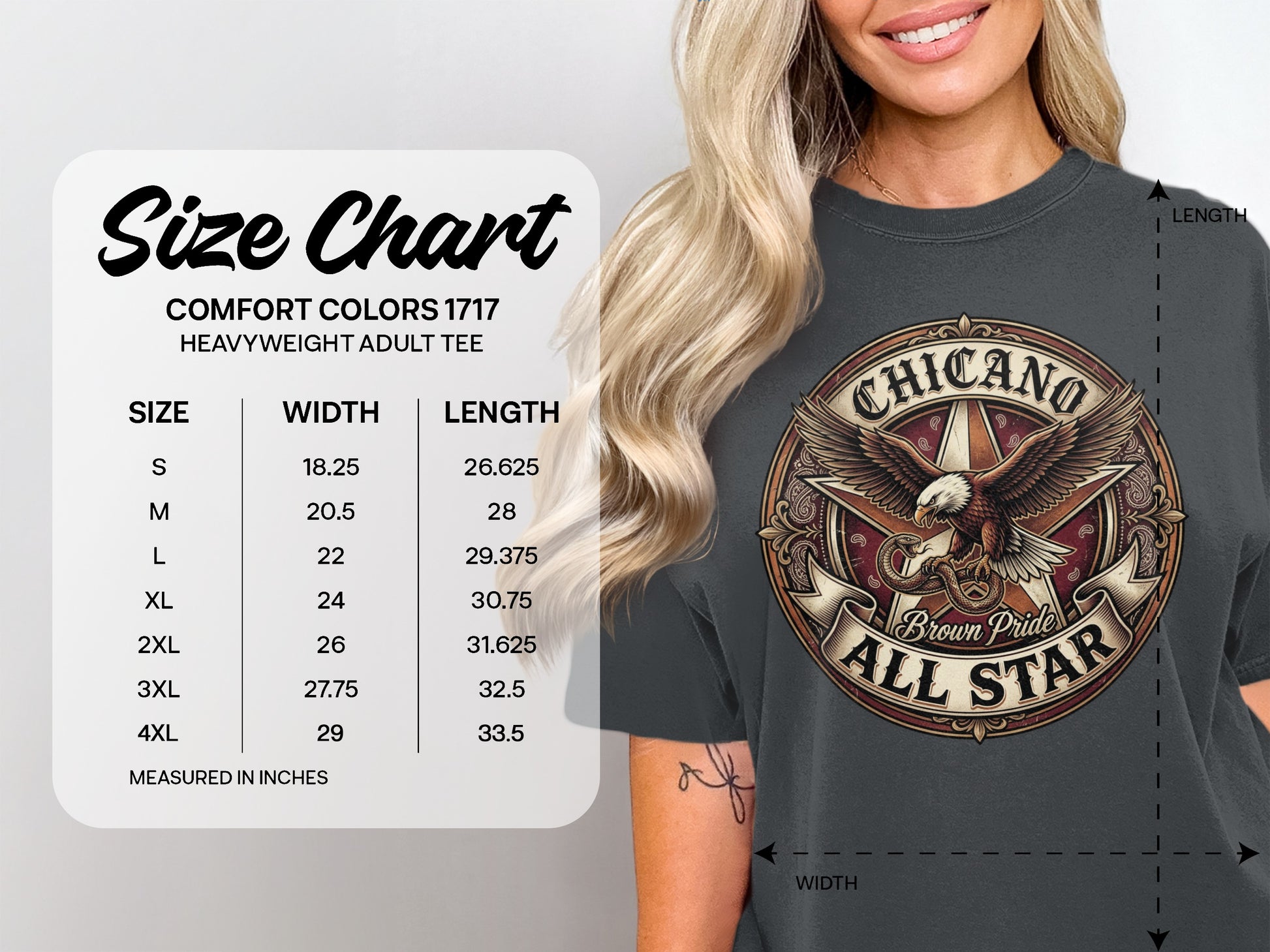 Comfort Colors 1717 heavyweight t-shirt size chart with eagle graphic.