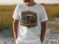 White t-shirt with brown lowrider truck, roses, and 