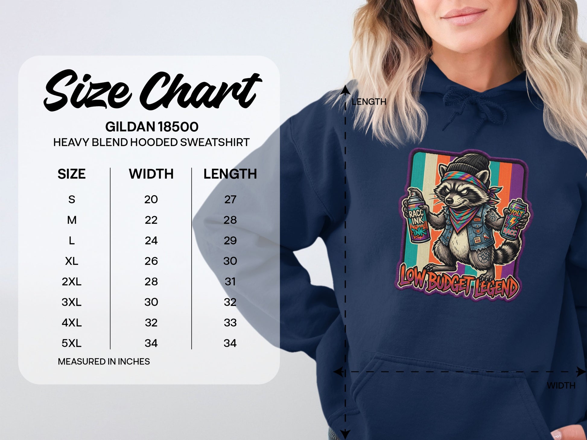 Gildan 18500 hooded sweatshirt size chart with raccoon graphic and text.