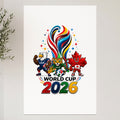 World Cup 2026 logo with mascots from USA, Mexico, and Canada.