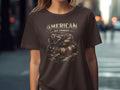 Brown t-shirt with American by Choice and coiled rattlesnake design.
