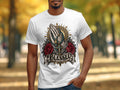 White t-shirt with praying hands, rosary, roses, and the word 