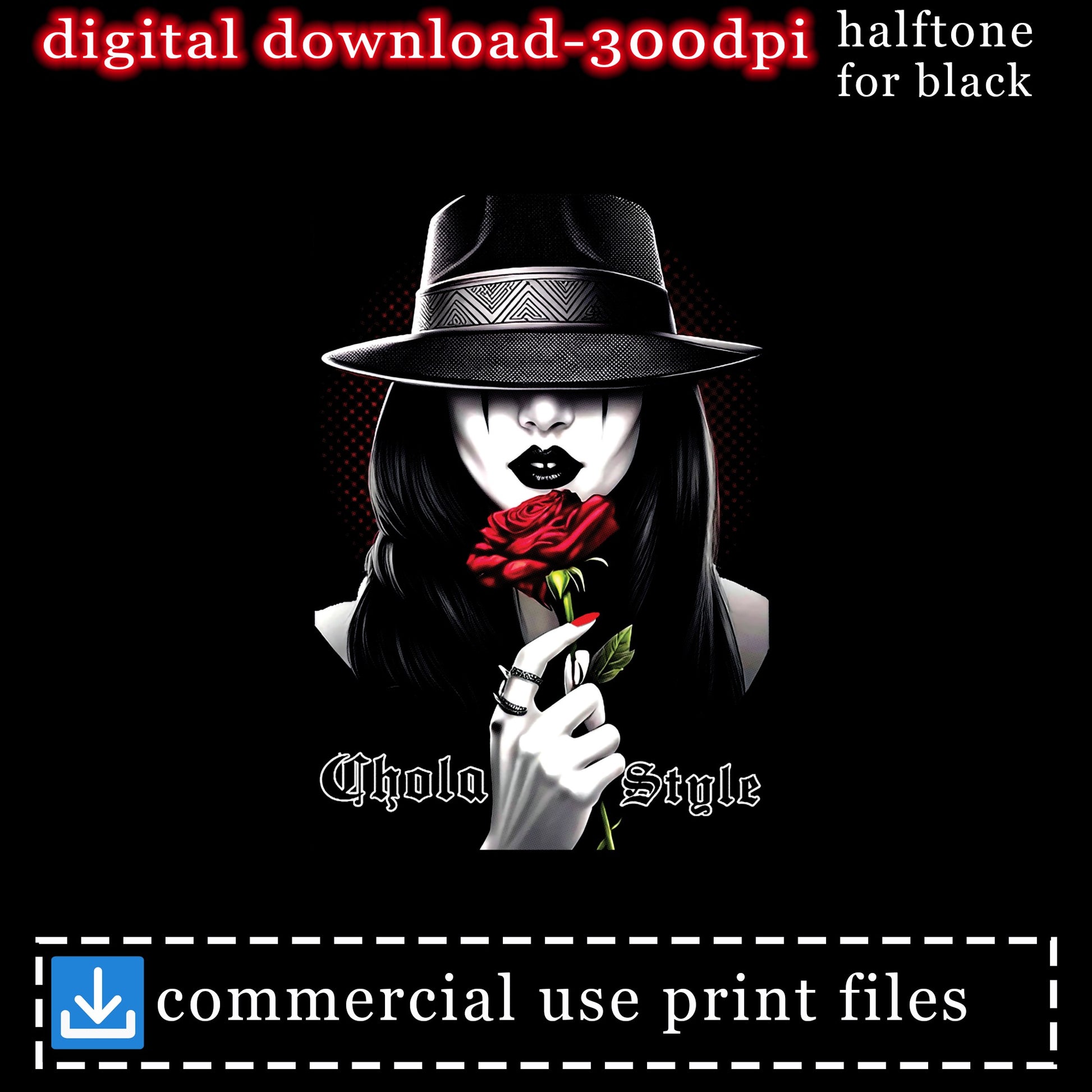 Chola Style design with woman holding red rose, digital download.