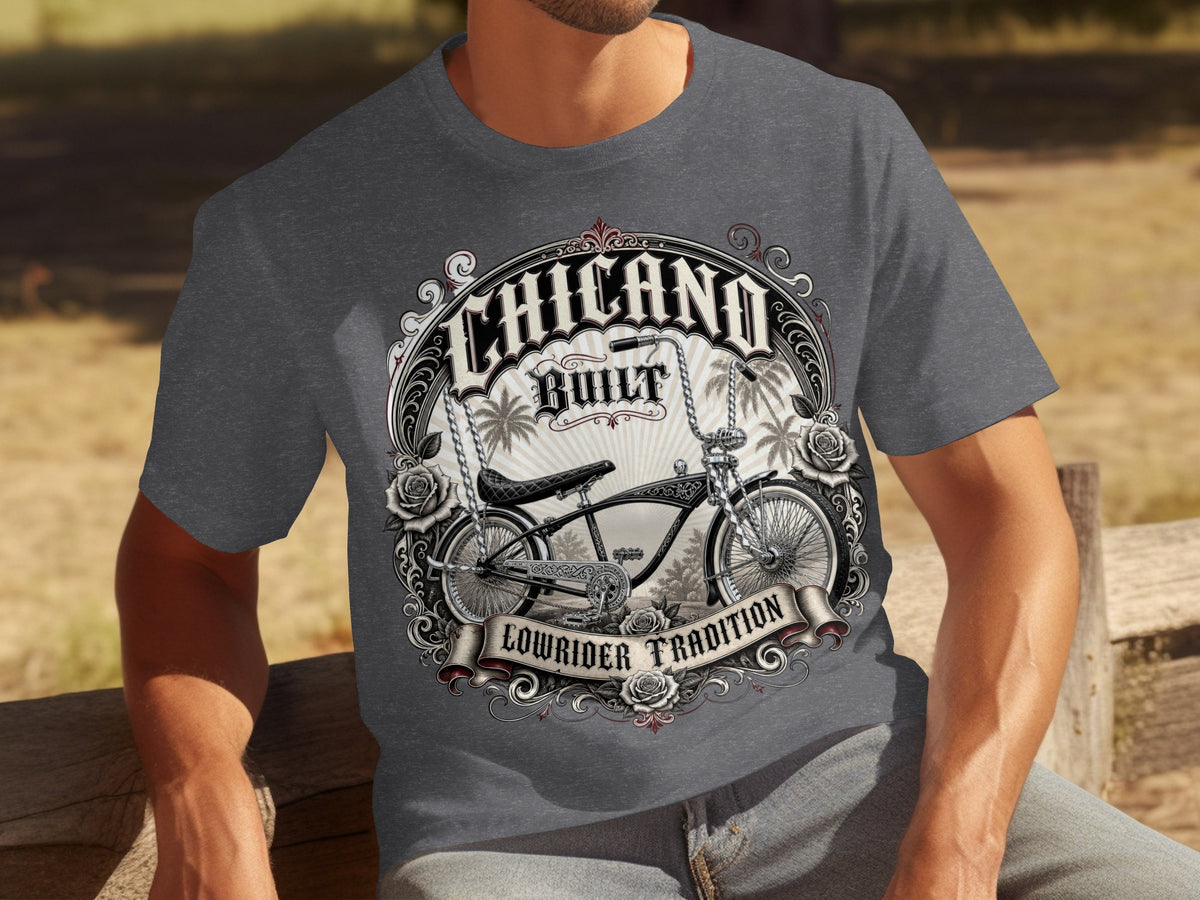 Chicano Built Lowrider Tradition t-shirt graphic with bicycle and roses.