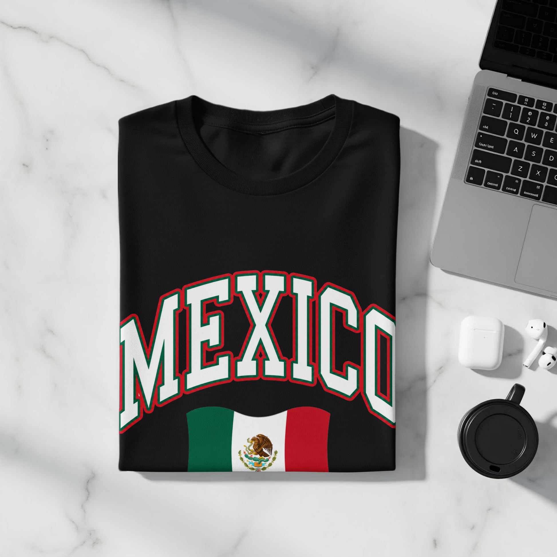 Black t-shirt with "MEXICO" and Mexican flag design.