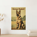 German Shepherd sitting on grass in front of a landscape, 