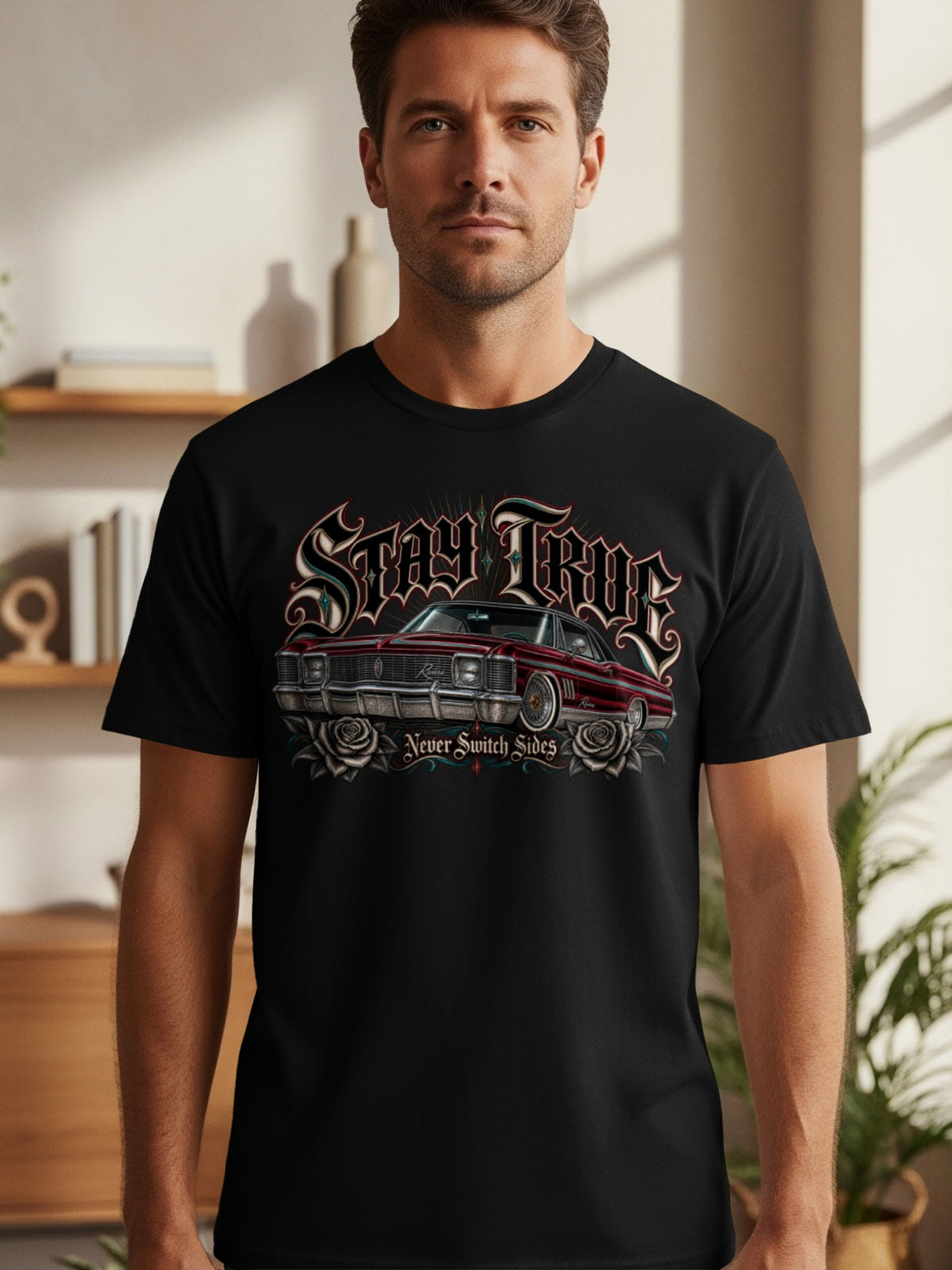 Black t-shirt with a vintage car graphic and "Stay True Never Switch Sides" text.