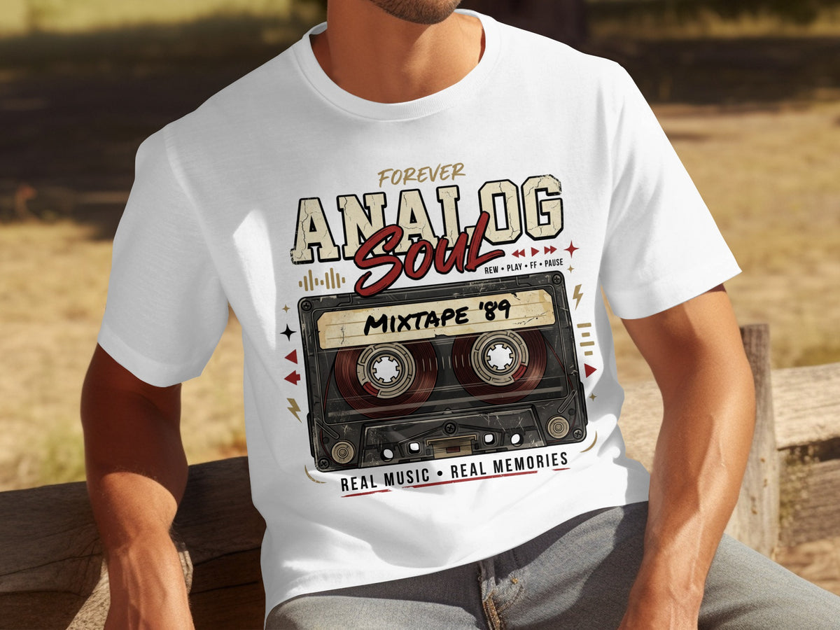 White t-shirt with "Forever Analog Soul Mixtape '89" and cassette graphic.