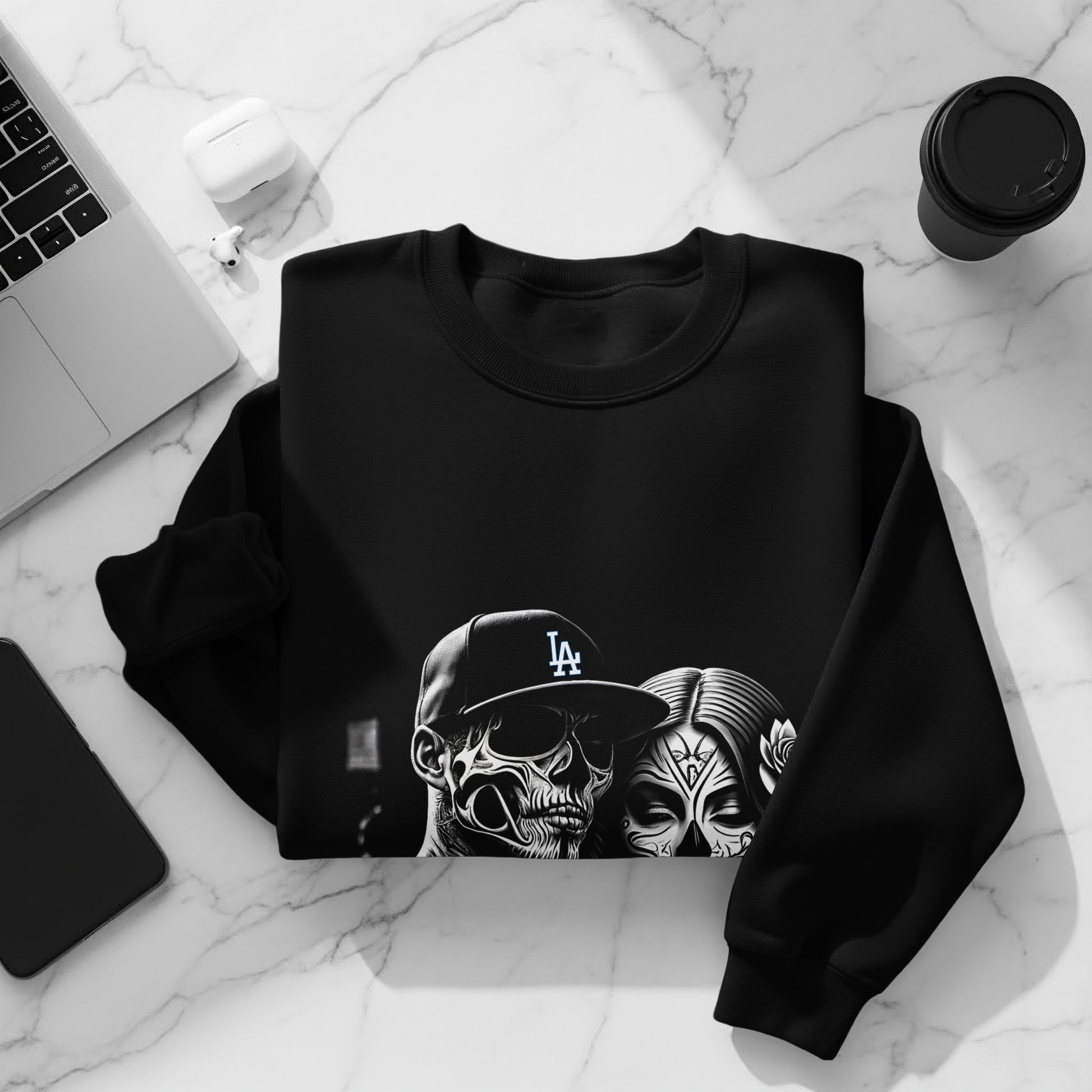 Black sweatshirt with LA Dodgers logo and skull graphic on front.