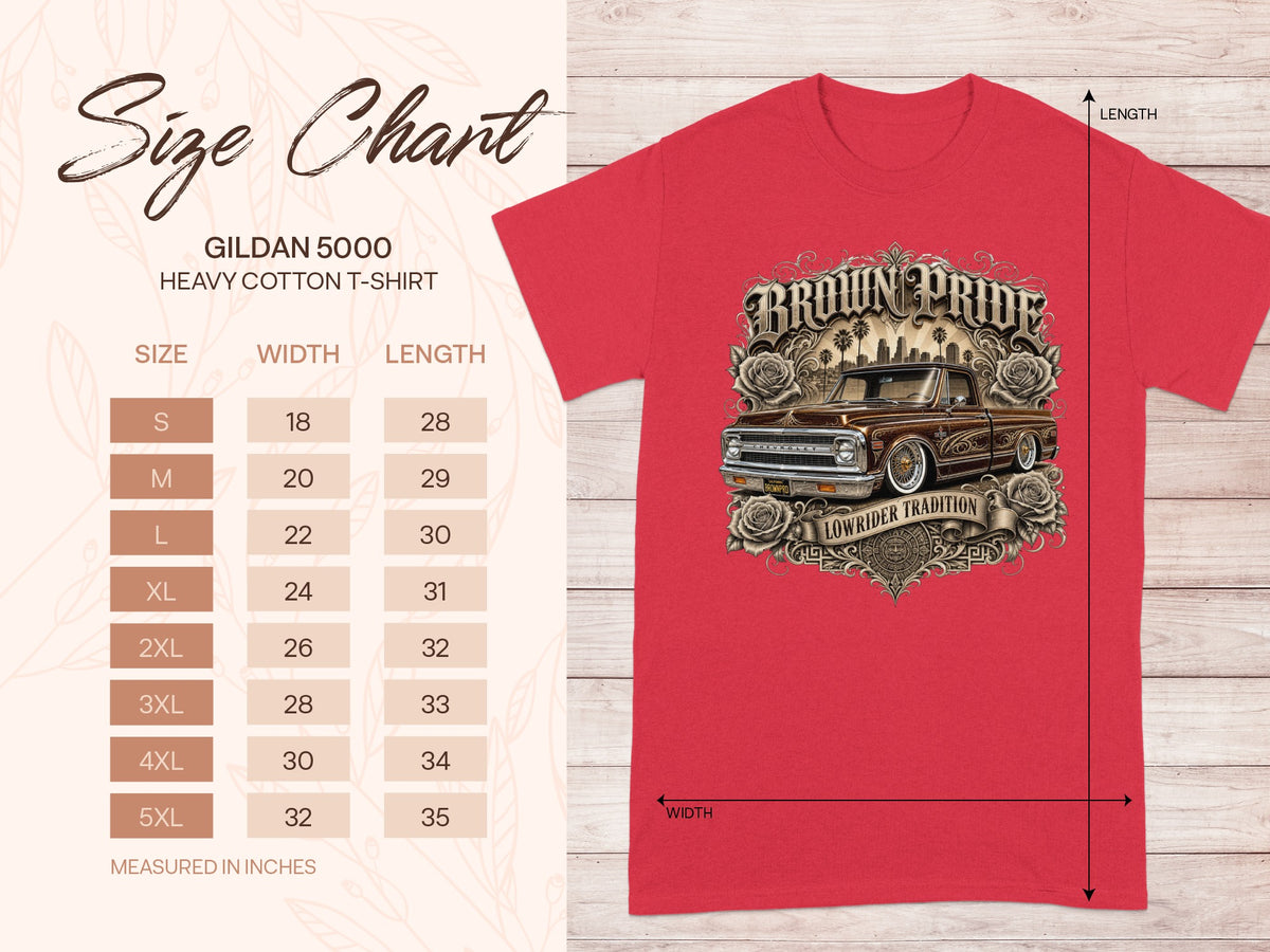 Gildan 5000 size chart for a red heavy cotton t-shirt with Brown Pride lowrider graphic.
