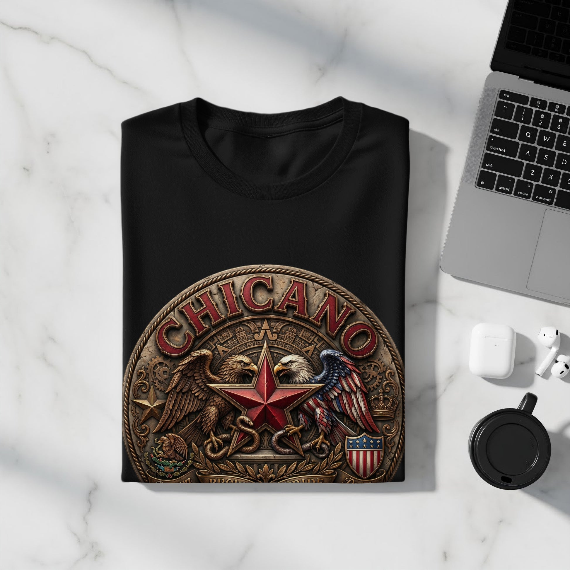 Black t-shirt with "CHICANO" emblem featuring a red star and eagle.